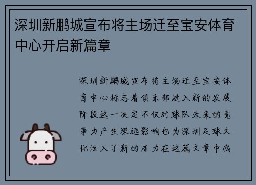 深圳新鹏城宣布将主场迁至宝安体育中心开启新篇章